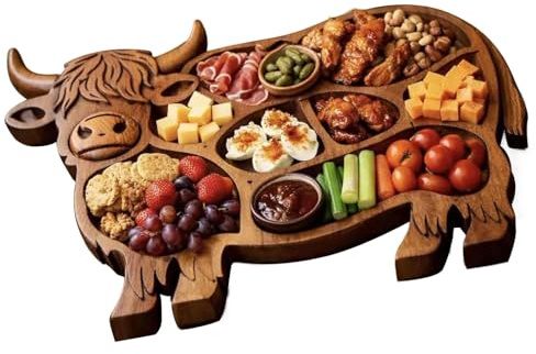 zhongko Highland Cow Puzzle Charcuterie Boards, Wooden Charcuterie Board with Compartments, Cow Shaped Serving Tray, Hand Carved Grazing Board, Rustic Food Platter for Cheese, Meat, Fruit and Snacks