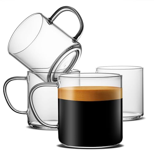LUXU Glass Coffee Mugs Set of 4,14 oz Clear Coffee Cups,Hand Blown&Seamless Design,Heat Resistant and Explosion-Proof,Lightweight Tea Mugs with Anti Scald Handle Ideal for Home,Cafe