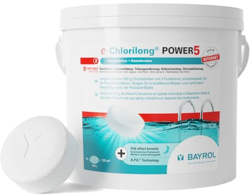 BAYROL e-Chlorilong POWER5 5 kg - Galets de Chlore Multifonction 200 g - Traitement 5 Fonctions en Un Seul Geste - pour Tous Types de filtres - Formule Silk Effect