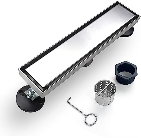 Elefloom Linear Shower Drain, 12 inch Drain with Tile Insert 2-in-1 Panel, Brushed 304 Stainless Steel Shower Floor Drain, Linear Drain with Hair Strainer and Adjustable Feet