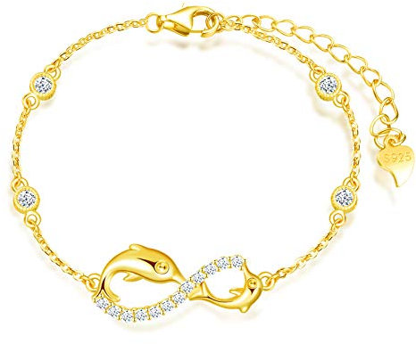 MicLee Bracelet de femme fille, bracelet en Argent 925, bracelet de symbole infini et de dauphin mignon, Zircon incrusté, Chaîne ajustable, Bracelet animal au design unique, or