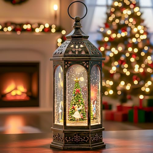 Animated Christmas Snow Globe Lantern with Nutcracker Ballet Decor,Lighted Swirling Glittering Snow Globes with Music & Timer, Christmas Decorations for Home Tabletop Indoor