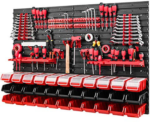 Werkzeugwand - 1152 x 780 mm - Lagersystem SET Lochwand mit Werkzeughaltern und Stapelboxen mit Deckel - Wandregal Werkstattregal Schüttenregal Sichtlagerkästen (Rot/Schwarz)