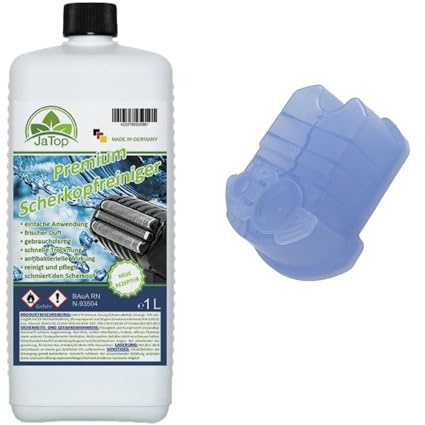 JaTop Scherkopfreiniger Nachfüllflüssigkeit + 1 Kartusche (leer) [1l pro Flasche] - geeignet zum Nachfüllen von Braun Clean & Renew Synchro Activator & Pulsonic Series Made in DE