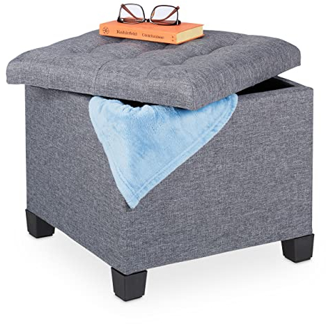 Relaxdays Sitzhocker mit Stauraum, HxBxT: 42 x 45 x 45 cm, gesteppt, Stoffbezug, Schaumstoff Polster, Fußhocker, grau