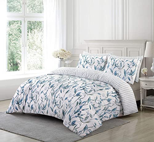 Duvet Cover Set with Pillowcases 3 Piece, Floral Printed 200 Thread Count 100% Super Soft Fiber White & Blue Duvet Cover Bedding Set Double King Super King Bed Size (Double)