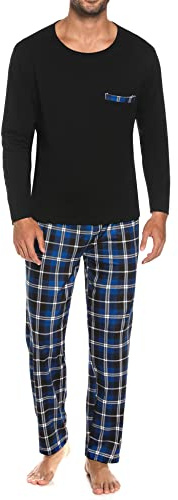 Sykooria Pyjamasset för män, skotskrutig, bomull, nattkläder, set, långärmad, pyjamasöverdel och full längd, pyjamasunderdel med fickor, 804 – blå, M