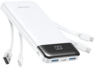 Charmast Power Bank 10000mAh con Cables Integrados, USB C Cargador Portátil 5V / 3A Powerbank Pantalla LED con 6 Salidas y 3 Entradas para iPhone Samsung Huawei Xiaomi