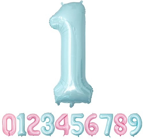 Palloncini Compleanno 1 Anni Blu Pastello Palloncino XXL Di 100 Cm Foil Gigante Numero 1 Numeri Gonfiabili Bambino Ragazzo Compleanno Anniversario Decorazione Feste (Blu Pastello)