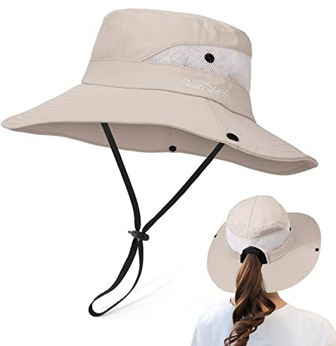 TAGVO Sombrero de Sol para Mujer, Gorro de ala Ancha de Malla Sombreros de Pesca al Aire Libre Protección UV, Sombrero de Cola de Caballo Plegable Gorro de Pescador, Sombrero de Playa de ala Ancha