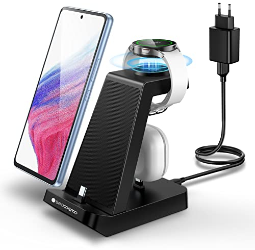 seacosmo Cargador Samsung Tipo C 3 en 1,Estación de Carga para teléfono móvil con Puerto de Carga USB-C,Galaxy Buds,Cargador Inalambrica Rápida Solo para Galaxy Watch 5 Pro/4/3/Active -Negro