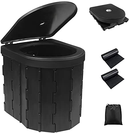 Fousenuk Campingtoilette Schwarz, Camping WC Faltbar mit 2 rollen Biologisch Abbaubaren Müllbeutel, Camping Toilette Mobile Notfall Trockentoilette für Wandern, Camping, Reisen, Stau
