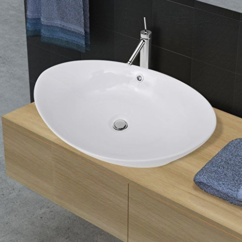Homgoday Ceramic Wash Basin, Ceramic Sink, Overflow, Oval, 59 x 38.5 cm, Wash Basin, Wash Basin, Hand Washbasin, Countertop Washbasin for Bathroom and Guest Toilet