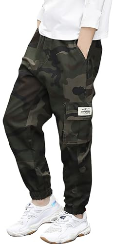 Deekynoop Pantalon cargo pour enfant - Pantalon cargo pour garçon avec taille élastique, Vert camouflage., 170-176 grande taille