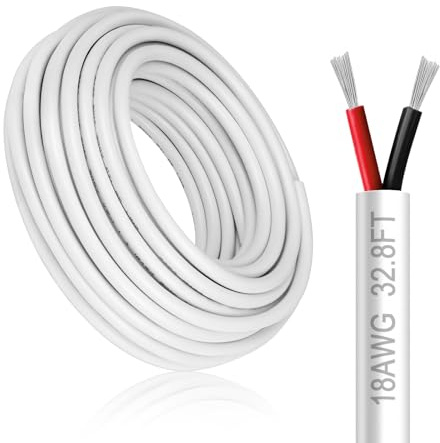 18 Gauge 2 Conductor Electrical Wire, 32.8FT White Stranded Low Voltage 18/2 Cable PVC Case, 18 AWG Tinned Copper 2 Wire Cable Extension Power Cord for Strips LED Lamp Lighting Automotive