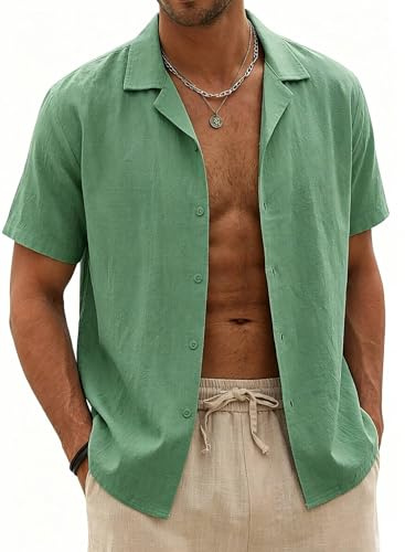Halfword Mens Linen Shirts Short-Sleeve Summer Casual Beach Shirts Button Down Loose fit Hawaiian Holiday Wedding Cheesecloth Tops | Cheesecloth, Breathable, Casual, Button Down, Loose fit, Summer, Hawaiian, Holiday, Wedding