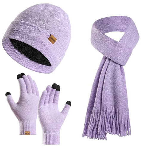 Enwokran Wintermütze Touchscreen Handschuhe Lang Schal Set Unisex Beanie Mütze Fleece Warme Haube Winterschal Kaschmir Strickmütze Strickschal mit Fleece Gefütterte Thermo Handschuhe (Helles Lila)