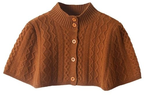 LIUYUYOUGO Women Warm Shoulder Shawl Cape Short Merino Wool Knitted Shawl Poncho Cable Knit Cardigan Open Front Button Shoulder Protective Neck Winter Shoulder Warm Cover Wrap Burnt Orange