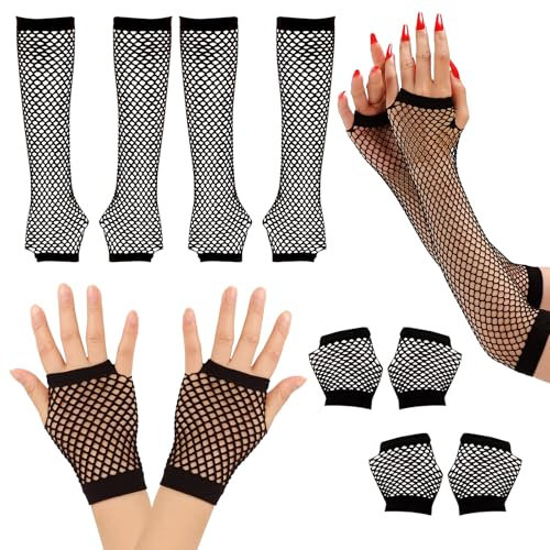 Celiodd 4 Paar Netzhandschuhe Schwarz,Tüll Nylon Fischnetz Handschuhem,Armstulpen Gothic,Fishnet Hexe Halloween Gloves,Fingerlos Mesh Gloves,Geeignet für 80er-Jahre-Kostümpartyzubehör