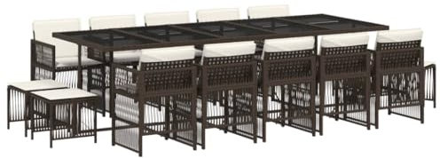 vidaXL Garten Essgruppe 15-TLG., Gartenmöbel Set Tisch mit 10 Stühle 4 Hocker, Gartengarnitur mit Kissen, Sitzgruppe Essgarnitur Terrasse, Braun Poly Rattan