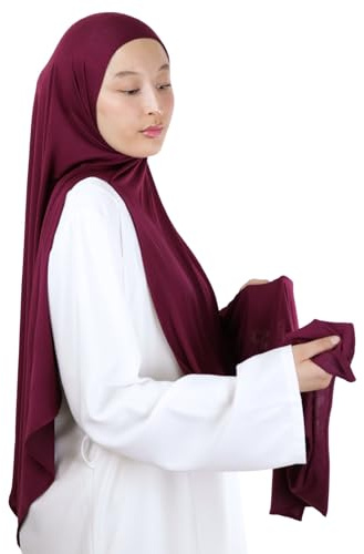 Hijab À Enfiler Entièrement jersey en Fibres de bambou naturelles hijab Respirant & hypoallergénique pour femme musulmane voilée châle islamique voile enfilable HE340 (Burgundy)