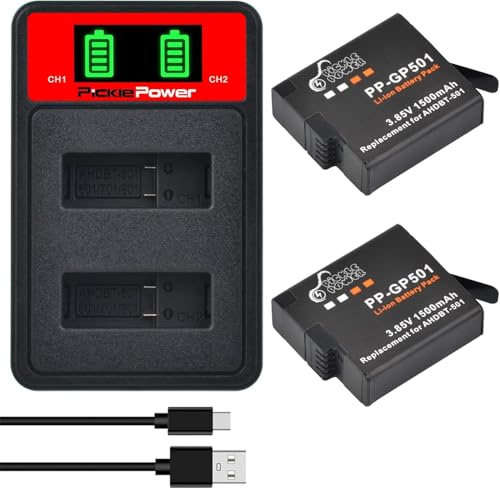 Pickle Power 2 x 1 500 mAh batteri för GoPro Hero 5/6, 2018, 7 + snabb typ-C LED-laddare, 2 kanaler, AHDBT-501, kompatibel med Hero5 All Firmwares v02.00, v02.01