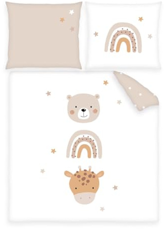 Herding babybest Wiegenbettwäsche Little Friends, Kopfkissenbezug 35 x 40 cm mit Hoteleinschlag, Bettbezug 80 x 80 cm mit Hoteleinschlag, Baumwolle, Weiß