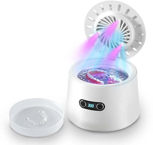 Pulitore Ultrasuoni， 48000Hz Pulitore Gioielli Ultrasuoni， Lampada UV Lavatrice Ultrasuoni per Apparecchio Denti Protesi Dentali Retainer Anelli Collane(bianco)