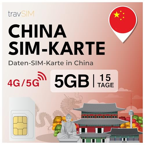travSIM SIM Card China | SIM de 5GB de Datos | Velocidades 4G/5G para China y Macao – Acceso Completo a Google, Facebook, Whatsapp y más | Plan de Tarjeta SIM China con 15 días de validez