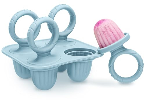CLDY 4 moldes de silicona para helados de bebé, incluye 6 palillos, sin BPA, aptos para alimentos, fáciles de limpiar, ideales para puré de frutas y leche materna (azul)