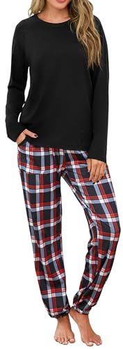 Uniexcosm Camicia Notte Donna Cotone Taglie Forti Manica Lunga Pigiami Due Pezzi Donna Lunghe | Set pigiama da donna, morbido e confortevole, con maglietta a maniche lunghe e pantaloni per la casa.