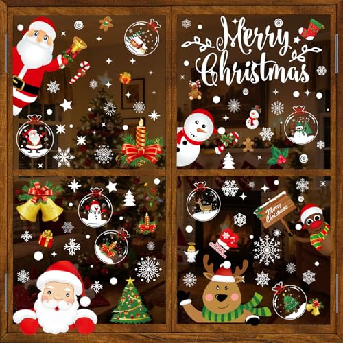 Nepfaivy Pegatinas Navidad Ventanas Adornos - 192 Piezas Adornos Navideños Reutilizables, Pegatinas Navideñas Estáticas Doble Cara con Papá Noel, Rudolph y Copos de Nieve Blancos para Cristal