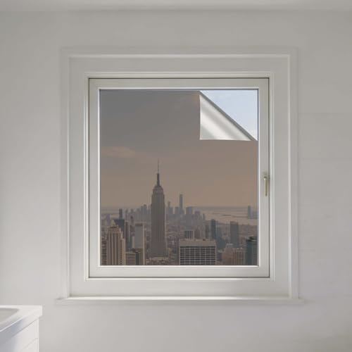 Lámina Protectora Solar para Ventana 95 x 330 cm Anti UV Anti Calor Unidireccional Vinilo para Ventanas Efecto Espejo No Pegamento para Hogar Oficina Tienda, té de Plata