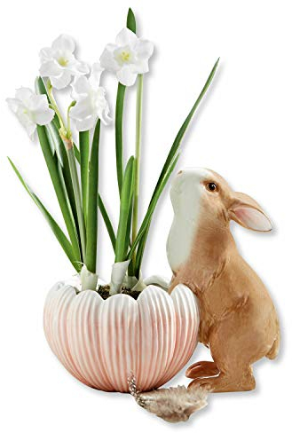 Loberon Übertopf Alssecoure, Blütenförmige Schale, mit Süßem Häschen, Feine Handbemalung, Blumentopf, Ostern, Osterdeko, Dolomitgestein, braun/rosa