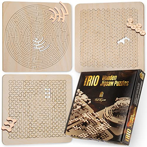 ESC WELT Trio Holzpuzzle Erwachsene - Puzzle mit Einzigartiger Form - Montessori Jigsaw Knobelspiel - Puzzle für Erwachsene & Kinder - Outdoor & Reisespielzeug - Steckpuzzle - Einzigartiges Geschenk