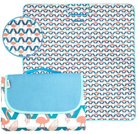 INTIRILIFE Faltbare Picknickdecke im Flamingo Design wasserdicht - Offen 199 x 190 cm - Gefaltet 31.5 x 21 x 4.5 cm - Outdoor Decke Stranddecke zum Camping Wandern Garten Park zum Transportieren