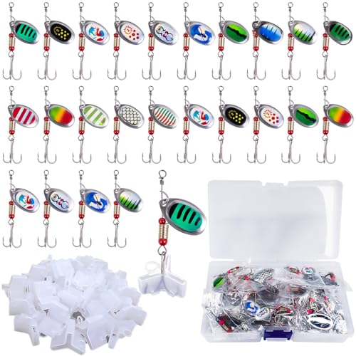 TTYSHIP® 24 Stück Spinner Angelköder, Spinner Angeln aus Metall mit 24 Drillingshaken Abdeckung, Blinker Angeln für Hecht, Zander, Barsch und Forelle (Mit Box)