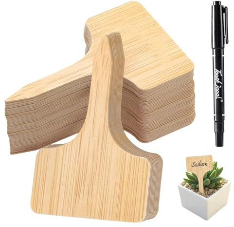 50PCS Etichette per Piante, Targhette per Piante T-Tipo 6 x 10 CM, Cartellini per Piante Riutilizzabili, Marcatori per Piante in Legno con 1 Nero Pennarello per Esterno Piante Giardino Ortaggi