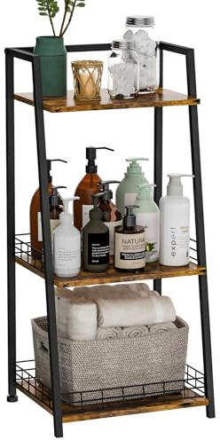 3-Tier Bathroom Shelf with Fence, Retro Bathroom Organizers and Storage Stand, Wood Shelving Unit with Metal Frames, Classic Open Floor Storage Shelves for Bathroom, Laundry Room, Living Room