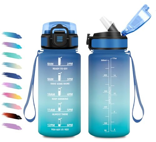 Gourde 500ml, Gourde Enfant avec Paille, Bouteille de Motivation, Bouteille d'eau Anti Fuite, Bouteille Reutilisable, Facile à Nettoyer, Bouteille d'eau pour l'École, Bureau, Extérieur, Fitness