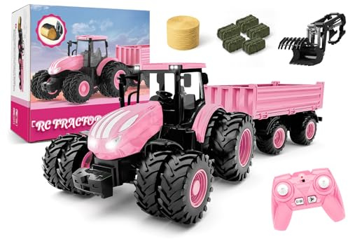 Remote Control Tractor Toy [2026] Kids RC Tractor Set & Truck and Trailer Front Loader - Metal Car Head/8 Wheel/Light, Toddlers Farm Vehicle Toys for 3 4 5 6 7 8 9 Year Old Girls Birthday Gift, Pink