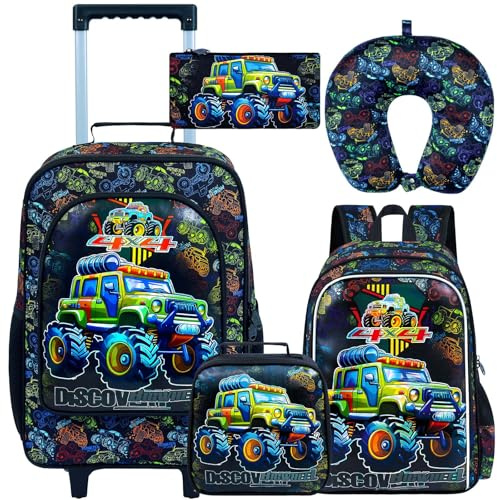 gxtvo 5PCS Boys Luggage Set with Wheels for Kids, Cool Car Rolling Carry-On Suitcase for Toddler Children