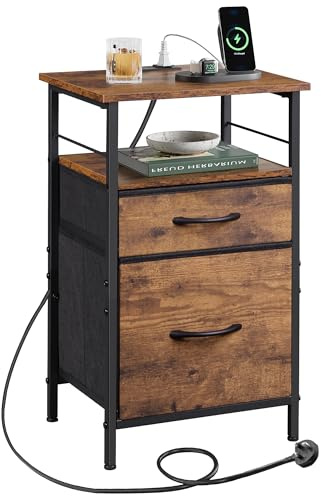 WLIVE Bedside Table with Charging Station, Side Table with 2 Fabric Drawers and Shelf, Metal Frame, Bedside Cabinet for Living Room, Bedroom, 40 x 30 x 64 cm, Rustic Brown