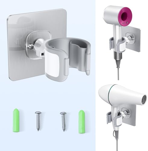 WISFISSH Universal Hair Dryer Holder Wall Mounted, Ultra-Secure Hair Dryer Hanger with Adhesive & Screw Mounting, Angle-Adjustable Blow Dryer Holder for Vanity, Bathroom, Salon-Fixed Type(1 Pack)