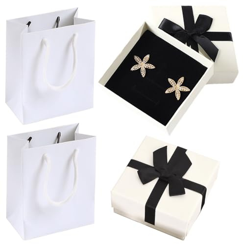 2 Petites Boîtes Cadeaux avec Nœud - 7,5 x 7,5 x 3,5 cmBoite Bijoux Cadeau Carré Ecrin avec Couvercle, avec 2 Sacs Cadeaux pour Pâques, Noël, Mariage, Anniversaire, Blanc