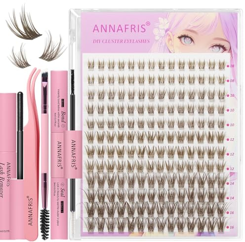 ANNAFRIS Pestañas Postizas Kit DIY Marrón Pestañas Pelo a Pelo Individuales Cluster Lashes con Pinzas (BN-FD29)