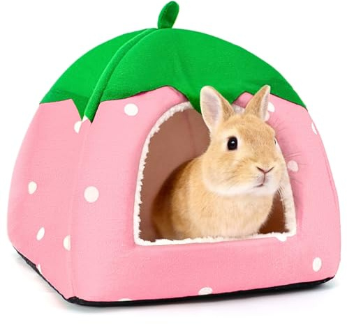 HeNdShe Rabbit Hideout, Washable Bunny Bed with Removable Pee Pad, Plush Indoor Rabbit House, Adorable Strawberry Design Small Animal Hideaway for Guinea Pig, Pink
