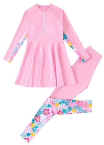 Traje de baño musulmán niña protección solar islámico trajes de baño de manga larga vestidos y polainas flotantes conjunto 2 piezas impresión tela traje de baño conservador traje de baño de verano