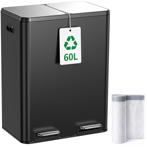 YEAUPE PRO Pattumiera Cucina 60L Doppia 2x30L, Nero Bidone Pattumiera Raccolta Differenziata Acciaio Inox con Pedale, Soft Close,Secchio Rimovibile, Anti Odore, Cestino Rifiuti Casa con15 Sacchi