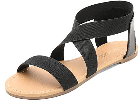 DREAM PAIRS Women's Elastic Ankle Strap Flat Sandals | Elastic crisscross straps, non-slip patterned rubber sole, classic colors, soft skin-friendly leather upper